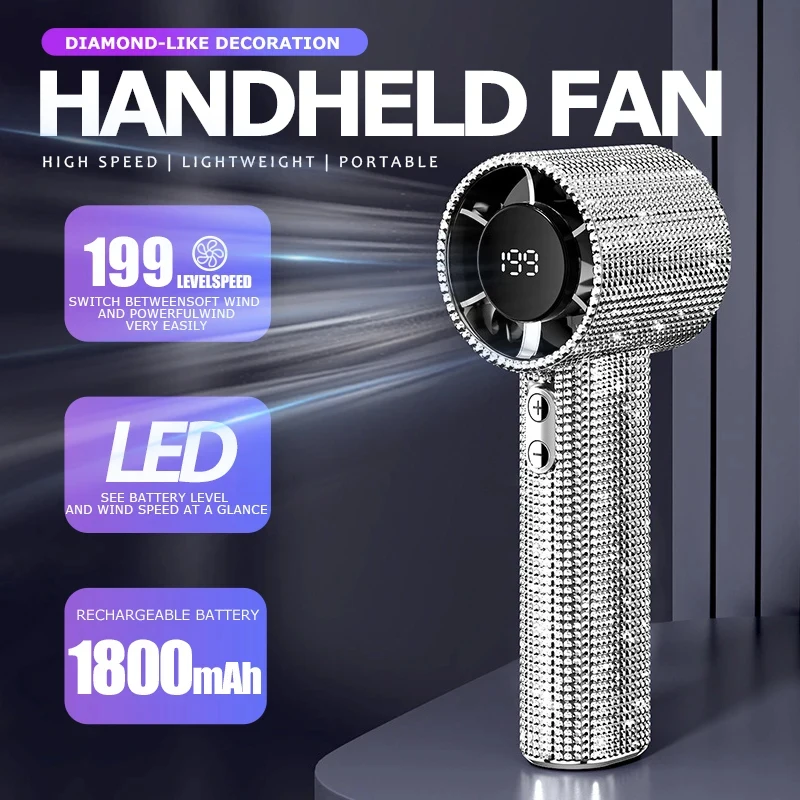 New 199-Speed Portable Handheld Fan with Sparkling Imitation Diamonds & LED Display, USB Rechargeable Mini Fan for Summer Use