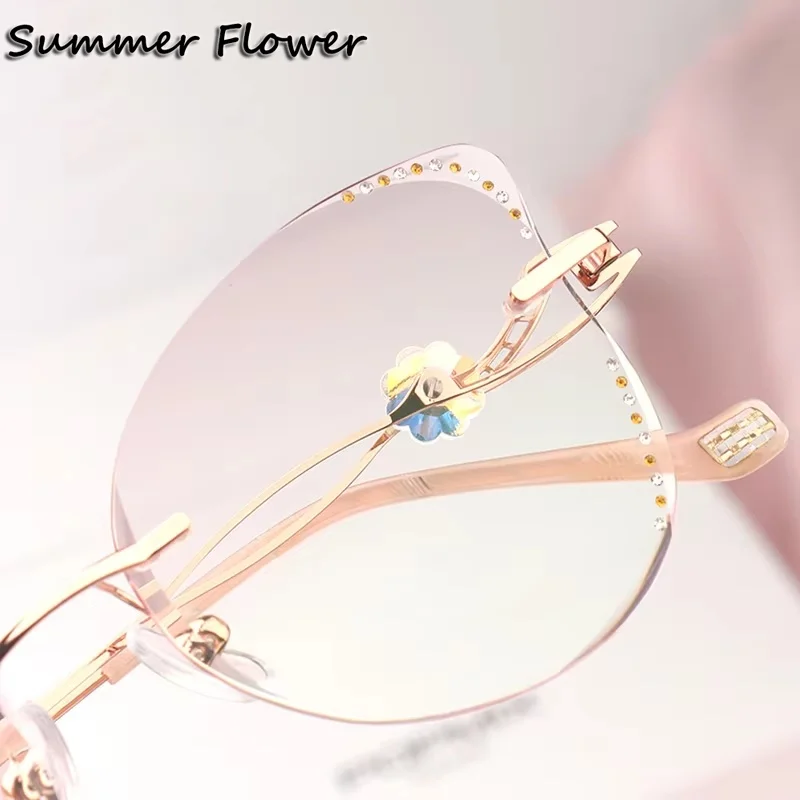 

Elegant Eyeglasses Women Luxury Tint Color Customize Lenses for Prescription Recipe Gafas Rimless Stones Ultra Light Spectacle