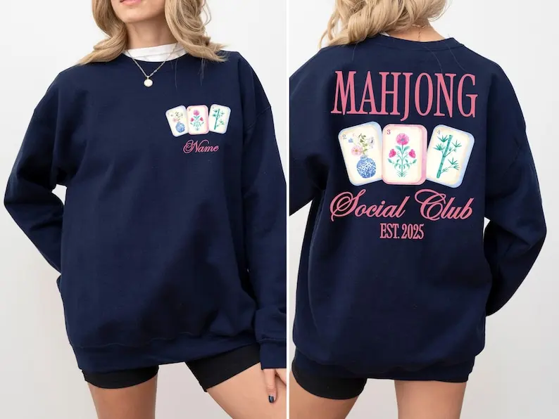 

Осенне-зимняя толстовка Mahjong Social Club на заказ, толстовка с капюшоном с индивидуальным именем и годом или толстовка с круглым вырезом и цветочным узором из плитки