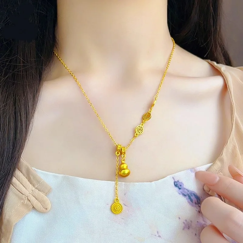 

Fashionable AU999 New Chinese Good Luck Golden Gourd Necklace for Women, Light Luxury, niche temperament, Collarbone Chain