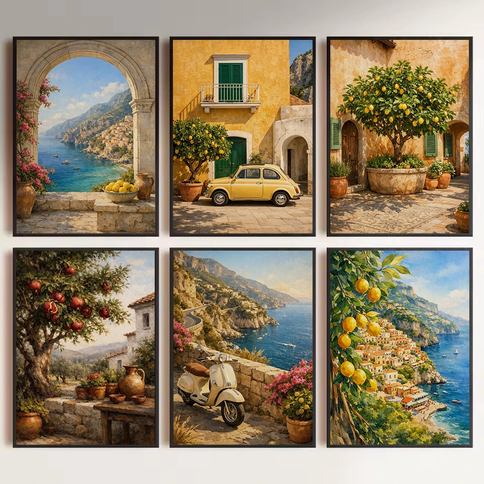 Mediterranean Coastal View Retro Italy Villa Pomegranate Tree Garden Canvas Painting Wall Art Poster Print for Home Decor