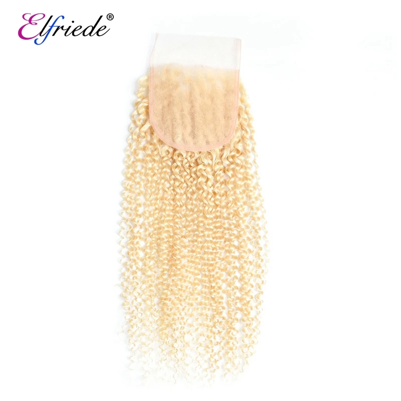 Elfriede #613 Blonde Kinky Curly Bundles with Closure 100% Brazilian Remy Human Hair Weaves 3 Bundles with Lace Closure 4x4