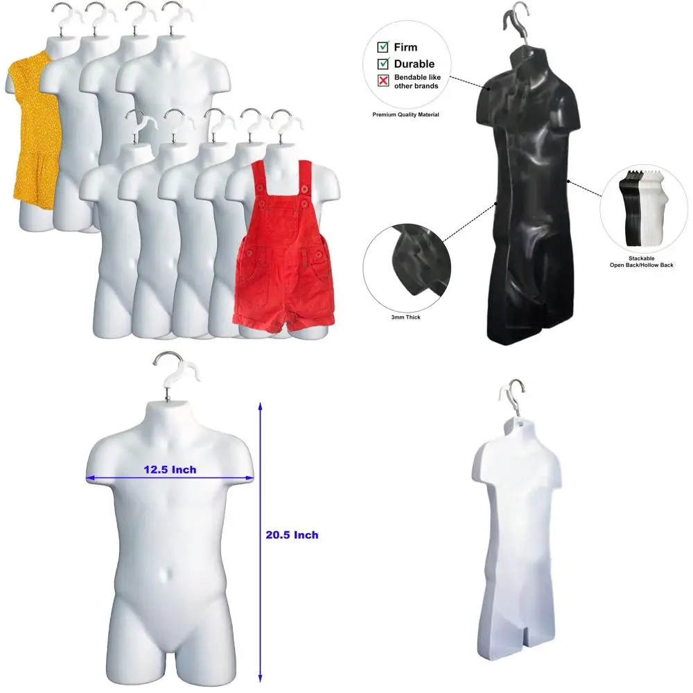 

Stackable White Child Dress Forms, 5T-7 Size, with Hanging Hook for T-Shirt Displays and Design Purposes