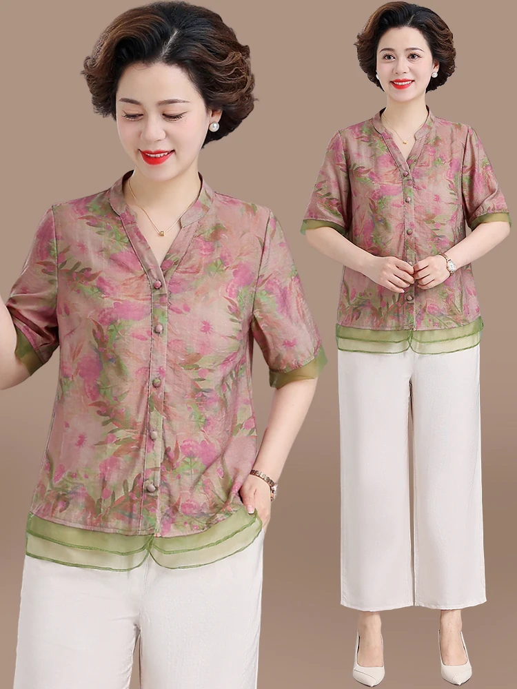 

Faionable Cotton Linen ort Sve Two-Piece Set for Middle-Aged Mothers Summer Wear Loose Fit V-Ne Regular Sve