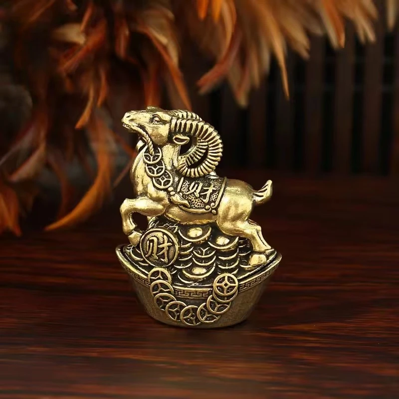 

New Brass Zodiac Wealth-Attracting Ingot Goat Figurine Pure Copper Ornament for Living Room Study Bedroom Home Decoration