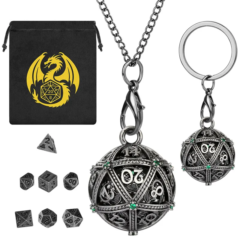 

7pcs Mini Polyhedral DND Dice Set with Key Ring Pocket Necklace Chain Hollow Pendant Spherical Case for RPG Board Game Gift Bag
