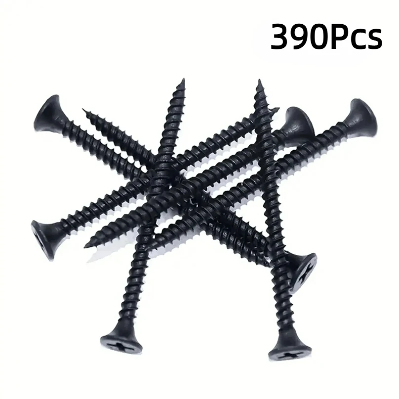 

390Pcs M3.5 Black Cross Flat Head Sheet Metal Screws Drill Wood Carbon Steel Screws Suitable For Wood Furniture Maintenance