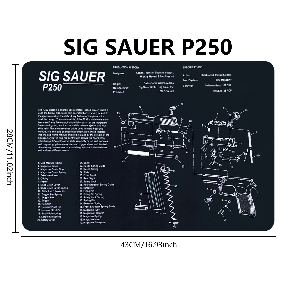 حصيرة تنظيف المسدس التكتيكي - SIG P250 CZ Shadow 2 Glock 17/19 أجزاء مخطط لوحة الماوس مع تعليمات ومطاط غير قابل للانزلاق