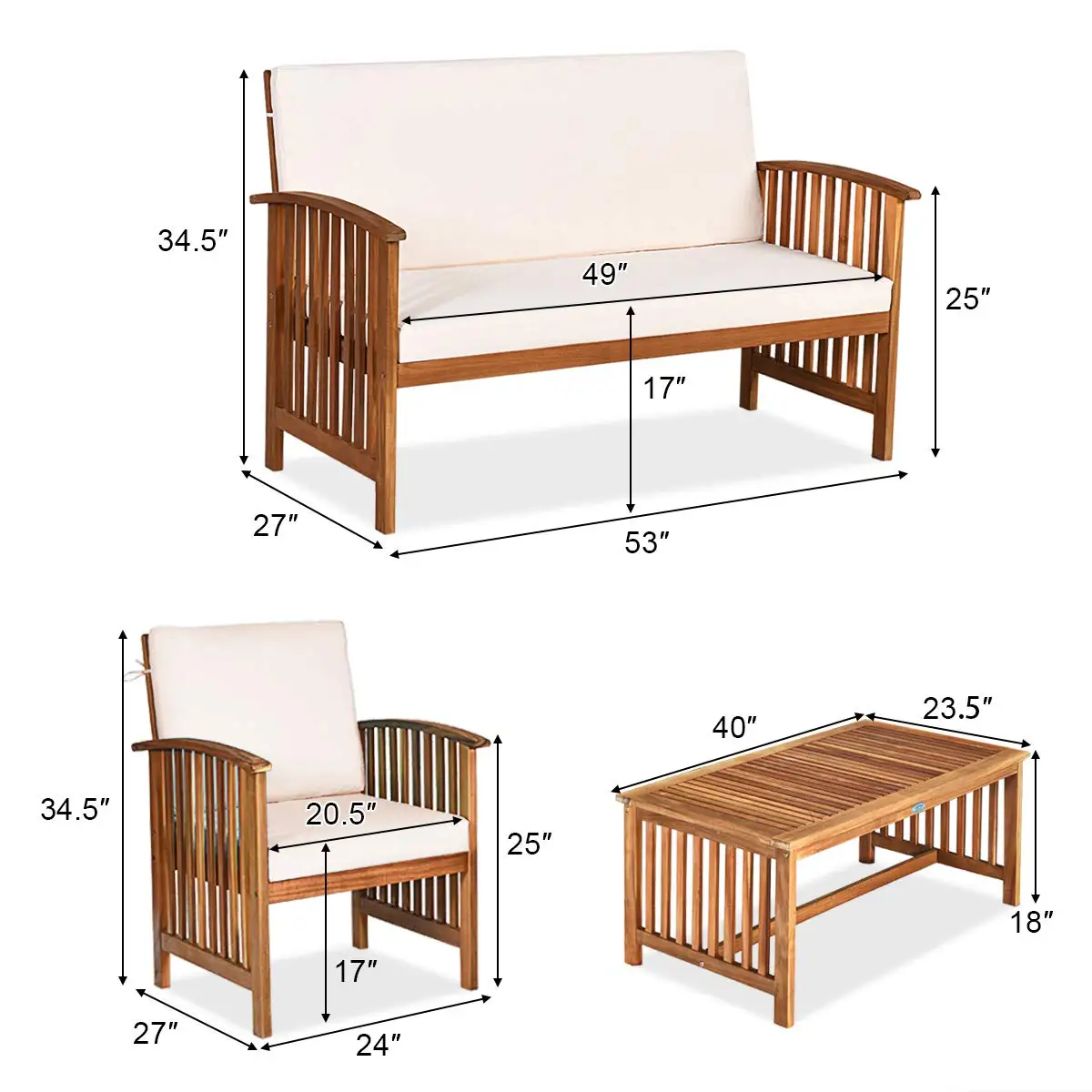 Acacia Wood Outdoor Sofa Set w/Water Resistant Cushions & Padded Chat Set w/Coffee Table for Garden Backyard Poolside, Customize