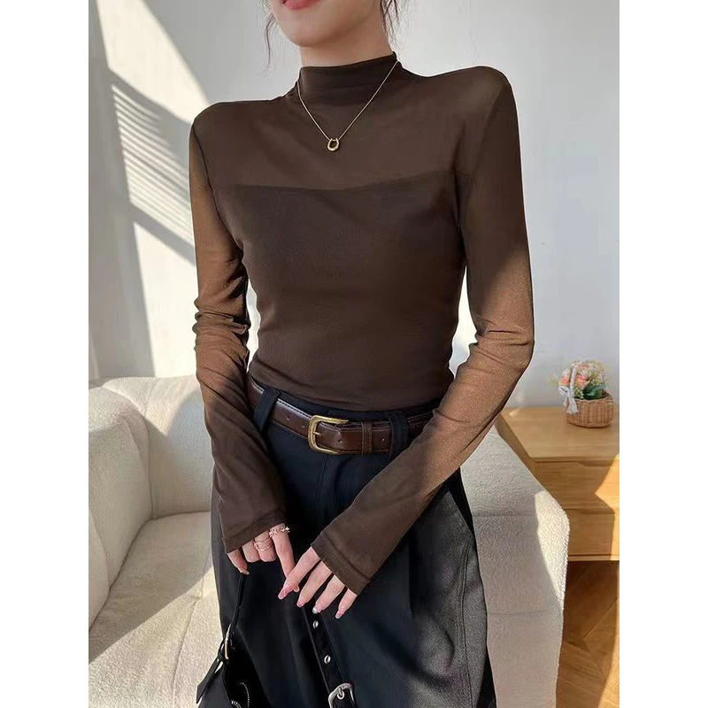 Mock Neck Net Yarn Bottoming Shirt Women Autumn Winter Temperament Slim Long Sleeve T-Shirt Elegant All-match Long Sleeve Tops