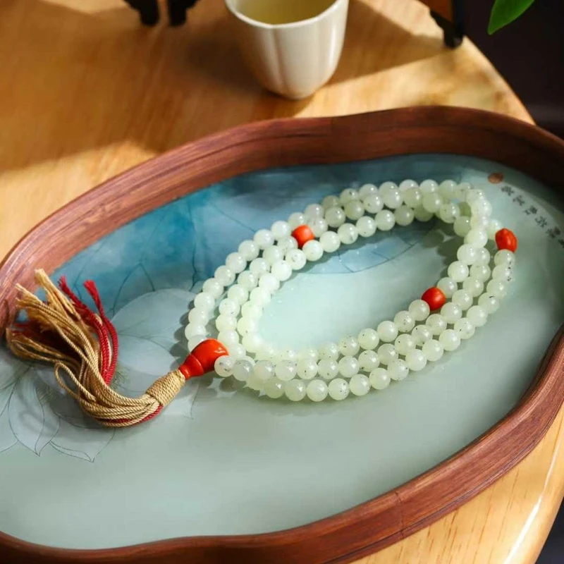 

Натуральный нефрит Хотан сине-белого цвета, старинный материал, женский браслет из 108 бусин, 8 мм, универсальный стиль