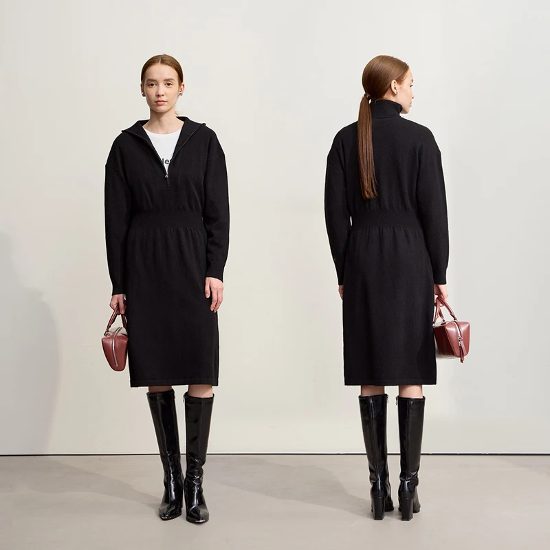 아미 여성 드레스 2025 겨울 신상 오피스룩 터틀넥 지퍼 루즈핏 미디 드레스 긴팔 니트 스트레이트 스커트 12524062