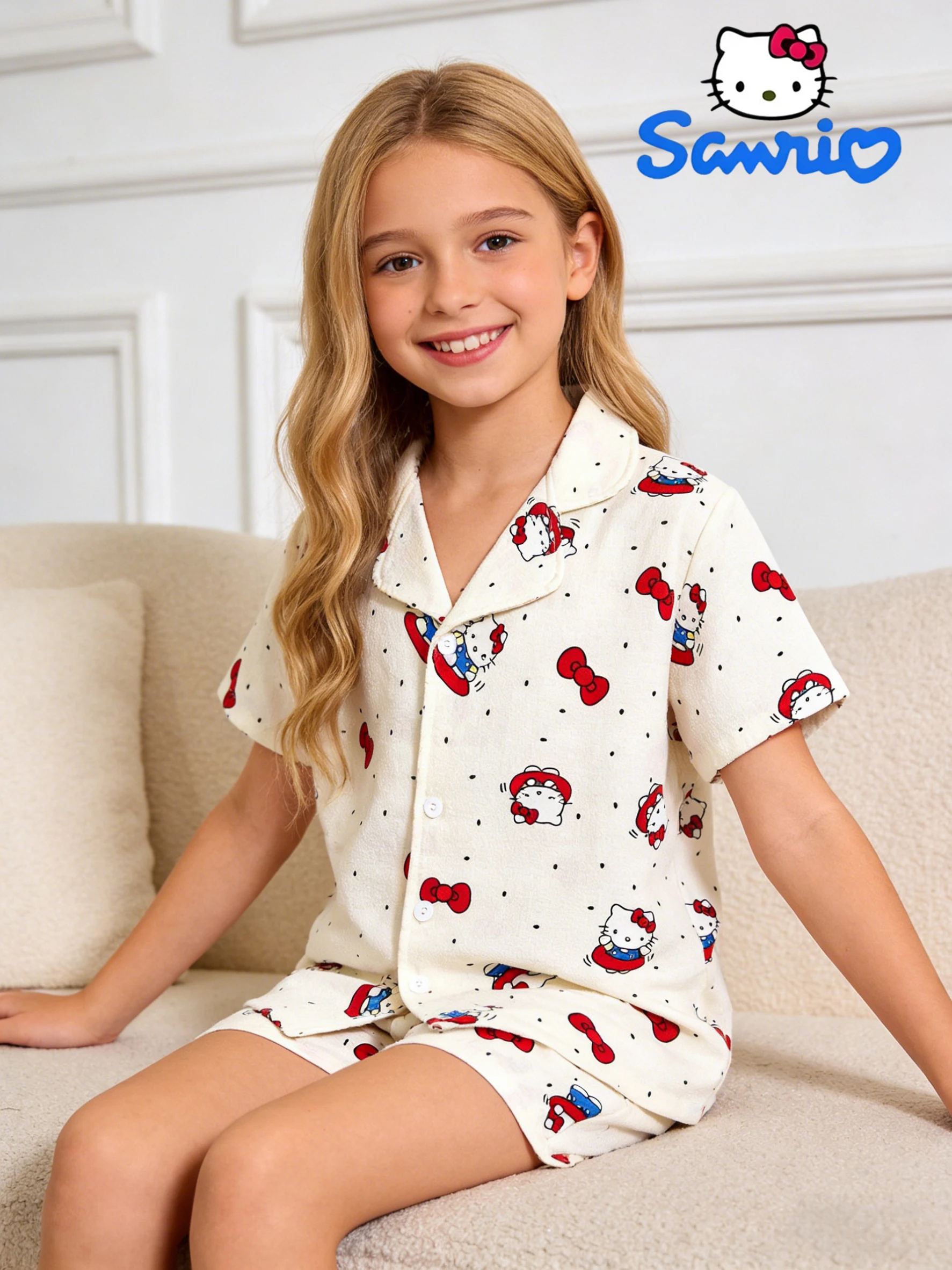 Sanrio Girls' Pajama Home Dress Set, Hello Kitty Summer Button Short Sleeve Top and Shorts, suitable for home, pajama party wear