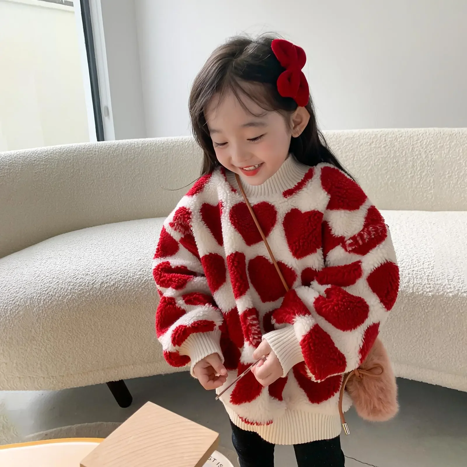 2022 Winter Girls Cute Heart Thick Warm Fleece Sweatshirts Baby Kids Children Pullover Top Outerwear