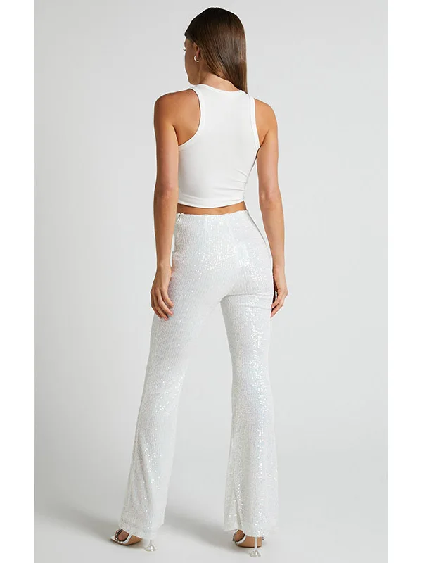 Damskie spodnie z wysokim stanem i szerokimi nogawkami, brokatowe spodnie codzienne, rozszerzane spodnie sceniczne, długie spodnie jesienno-zimowe, modne, z włókna poliestrowego.