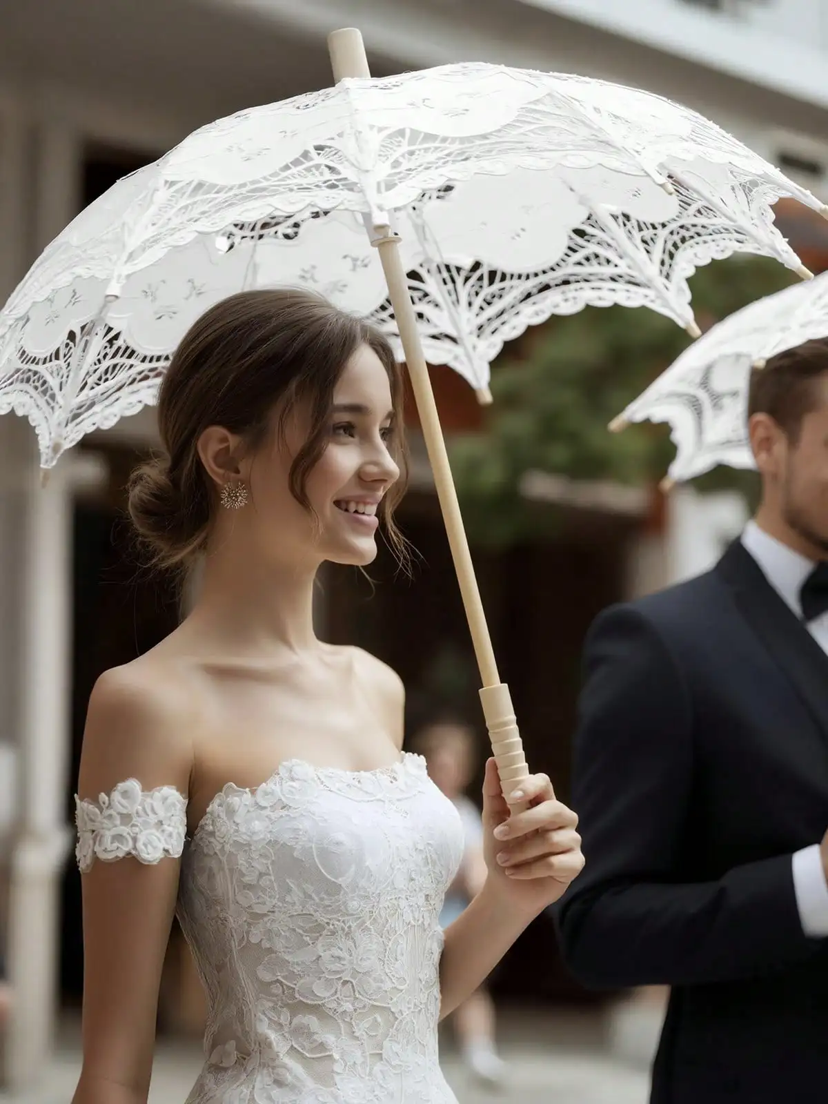 Lace Umbrella Parasol Vintage Wedding Bridal Umbrella For Decoration Photo Lady Costume 1920s Party (White)
