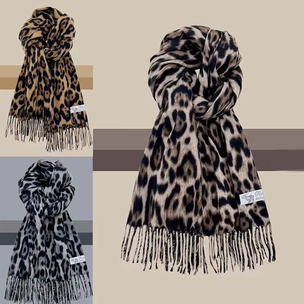 Moda leopardo borlas chal a prueba de viento Foulard grueso Pashmina Hijabs imitación Cachemira invierno bufanda cálida para mujer hombre