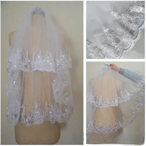 

In Stock White Ivory Two Layer Short Bridal Veil with Comb with Lace Appliques and Sequins Wedding Accessories