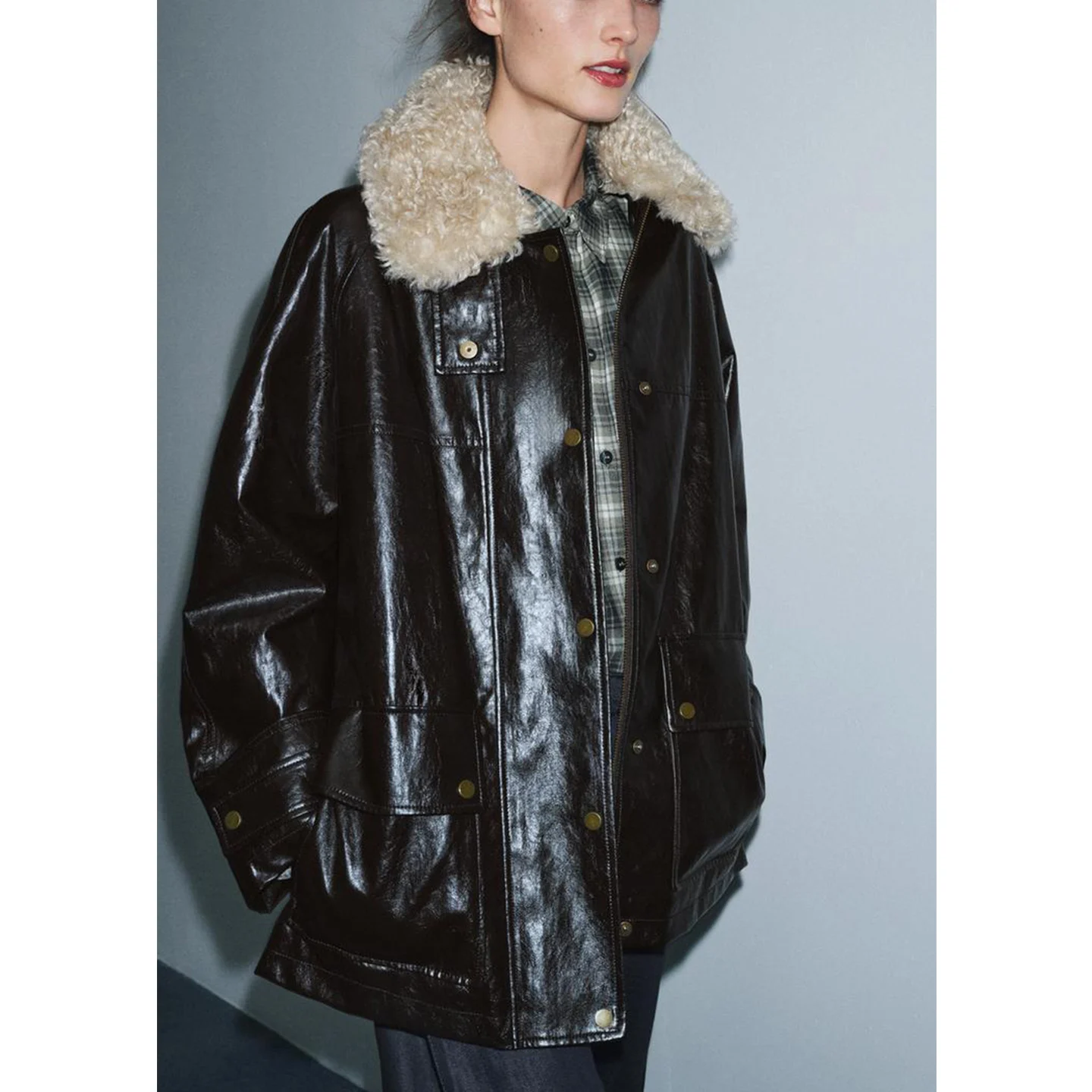 Nuevo abrigo largo de invierno con cuello Sve para mujer con efecto de piel Artificial desmontable Neline informal holgado de cuero de poliéster