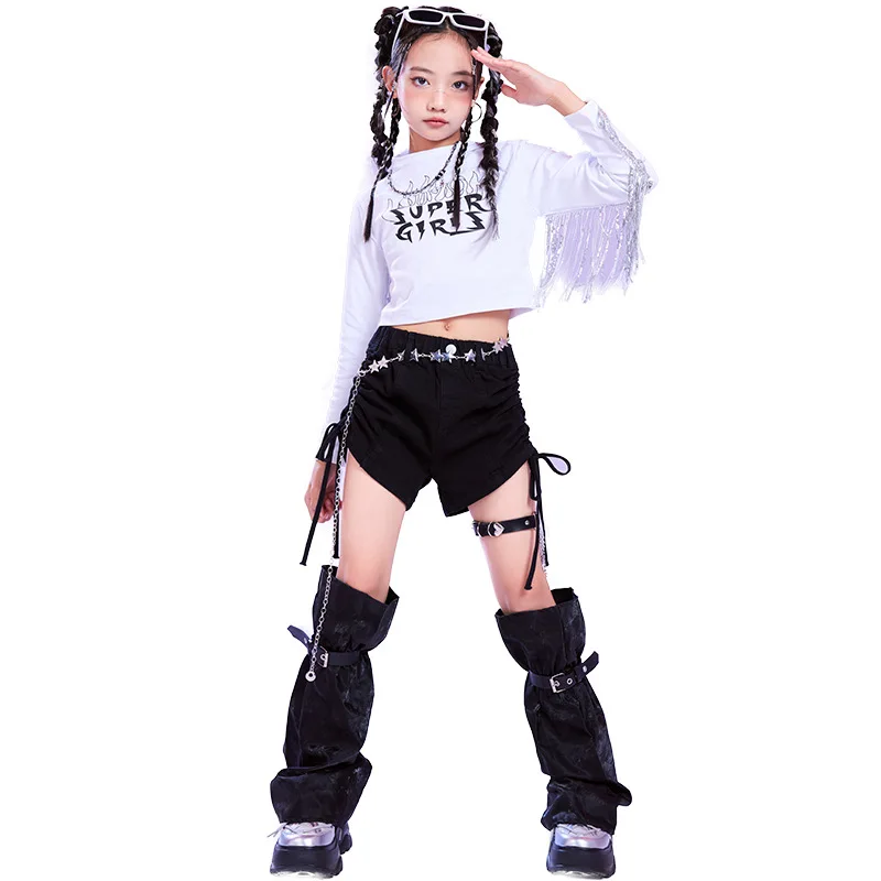 Criança hip hop roupas branco franja colheita topo manga longa t camisa preto ruched cordão shorts para meninas trajes de dança roupas