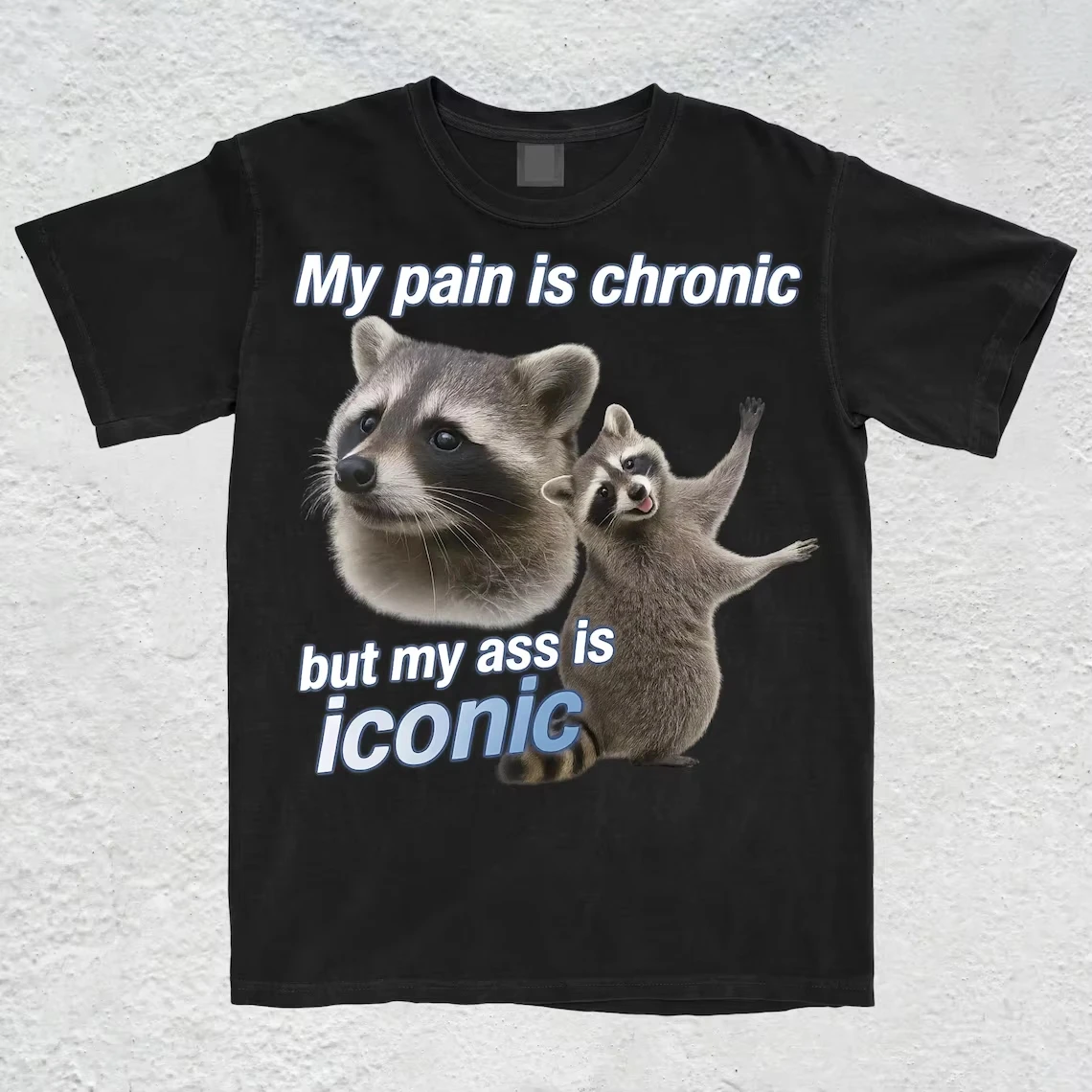 100% Cotton My Pain Is Chronic But My Ass Is Iconic Graphic T Shirt Funny Raccoon Possum Meme Vintage Tee Women Men Casual Short Sleeve Streetwear Top