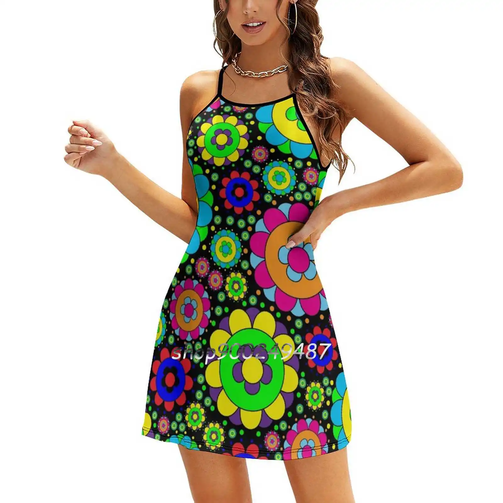 

Flower Power Vintage 60S 70S Hippie Retro Flowers Flare Dress Multiple styles Print Dress Short and Long Sleeve Dress Hippie