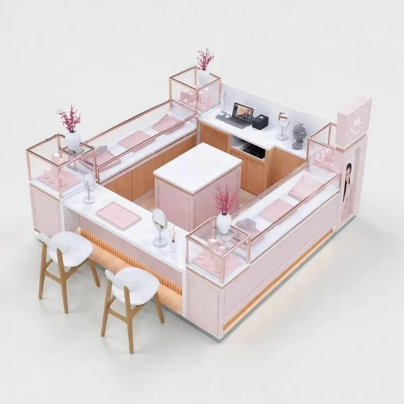 Custom Rose Gold Glass Jewelry Display Counter Kiosk with Experience Area for Retail Malls