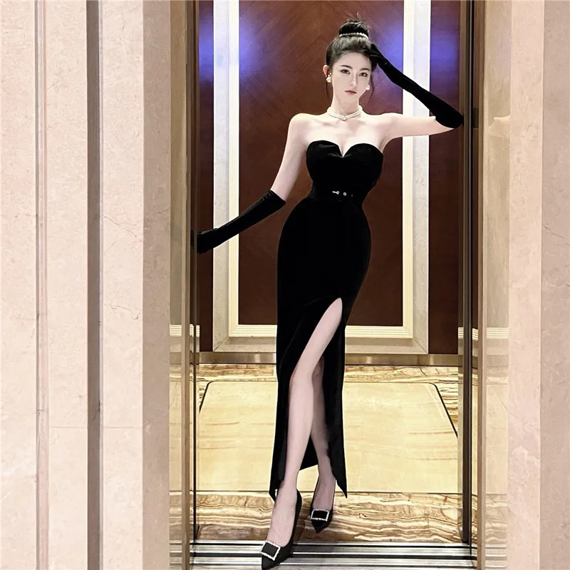 

Новинка 2024, женское облегающее элегантное бархатное платье средней длины для выпускного вечера, сексуальное винтажное облегающее женское платье для клуба и вечеринки, модное платье, одежда