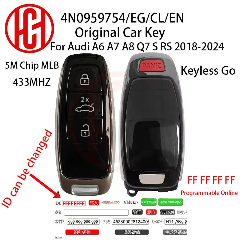 Original Remote Car Key 4N0959754AM/754EG/754CL 5MChip 434MHZ For Audi MLB A6 A6L A7 A7L A8 A8L S RS 2018-2024 Remote Car Key