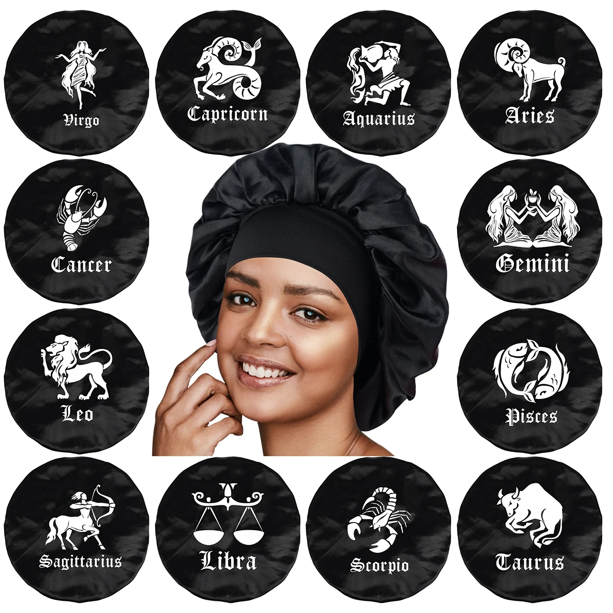 1pc Zodiac Sign Satin Sleep Hair Bonnet with Wide Brim - Lightweight Soft Hair Protection Cap for Nighttime & Daily Use