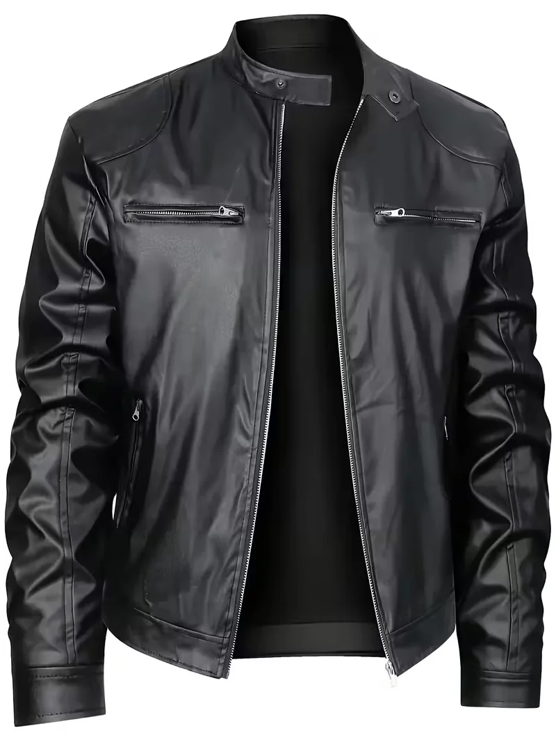 2023 New Fashionable Men's Windproof Stand-Collar Pu Jacket, Suitable for Spring and Autumn Outdoor Casual Motorcycle Wear.