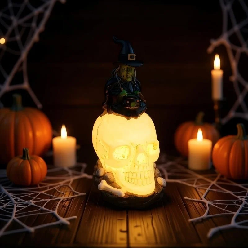 LED Illuminated Skull Witch Night, Light Halloween Resin Figurine Table, Lamp Spooky Party Home Decor, Ornament Atmosphere Light