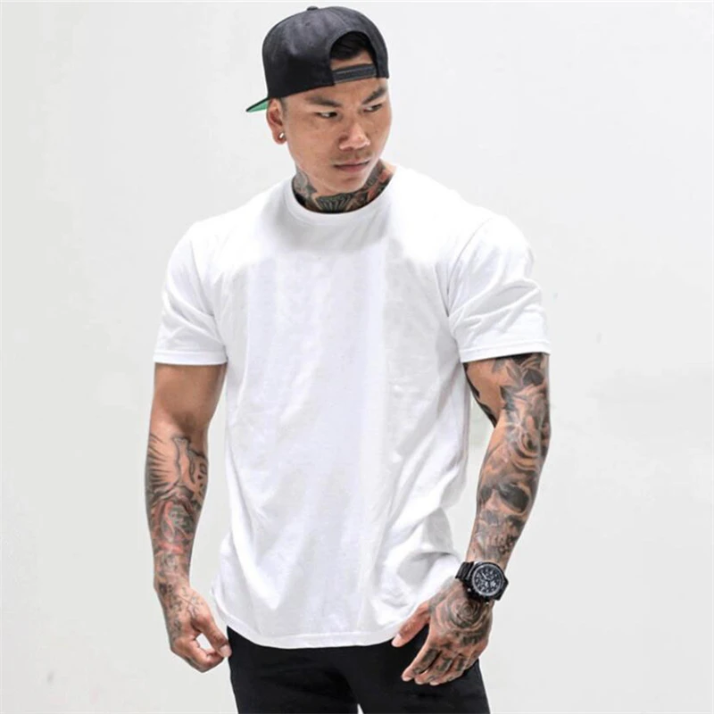 Plain Mens Casual Bodybuilding Clothing Gym Fitness Running Sport T-shirts Summer Cotton Breathable Short Sleeve Slim Fit Shirts