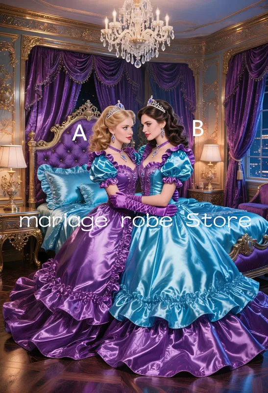 Blau-lila viktorianische Prinzessin-Abschlussball-Partykleider, Puffärmel, Korsett, Schnürung, gerafftes Kostüm, Abendkleid, Maskerade, individuell gestaltet