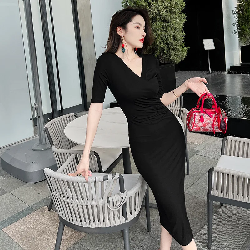 Summer New Women's Clothing Fashion V-neck Slim-fitting Dress Casual Temperament Hip-wrapped Dress