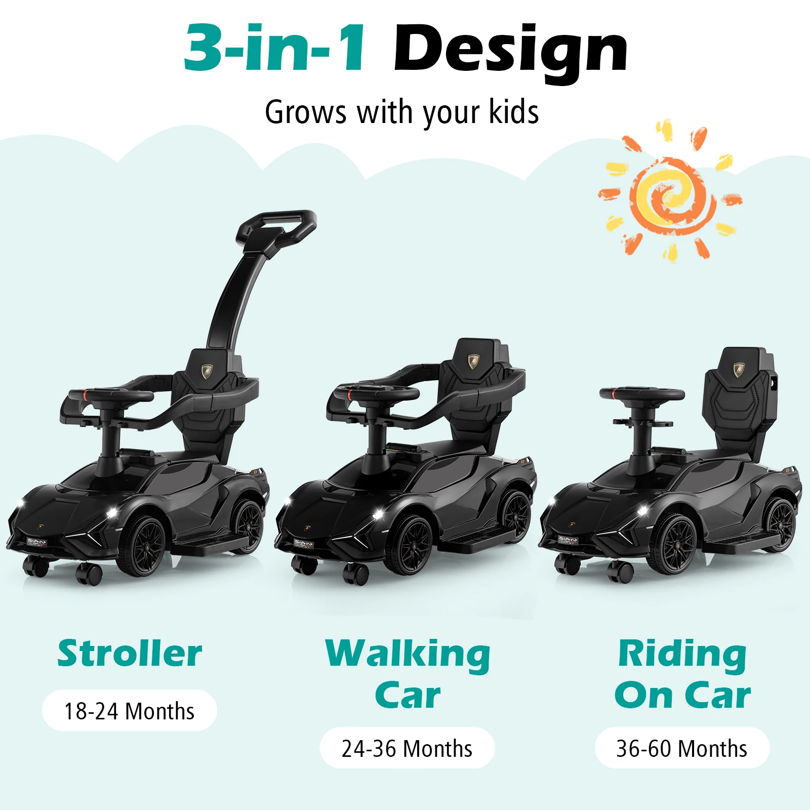 3-in-1 Licensed Lamborghini Ride on Push Car Walking Toy Stroller with USB Port