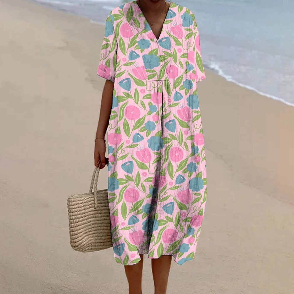 

Boho Pink Flower Print Dresses Womens Beach Robes With Blooms Tropical Versatile Vacation Wear Dress Women's Beach Trip Outfits