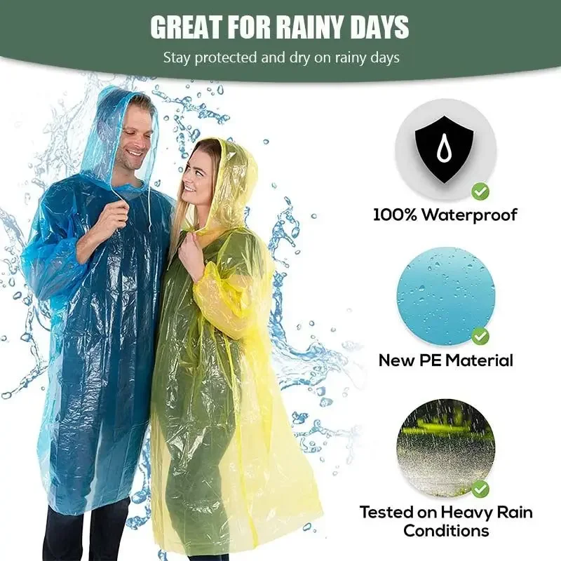 2pcs Disposable Adult Emergency Rain Coat Random Color Poncho Hiking Camping Hood Motorcycle Rainwear Protective Gears Raincoats