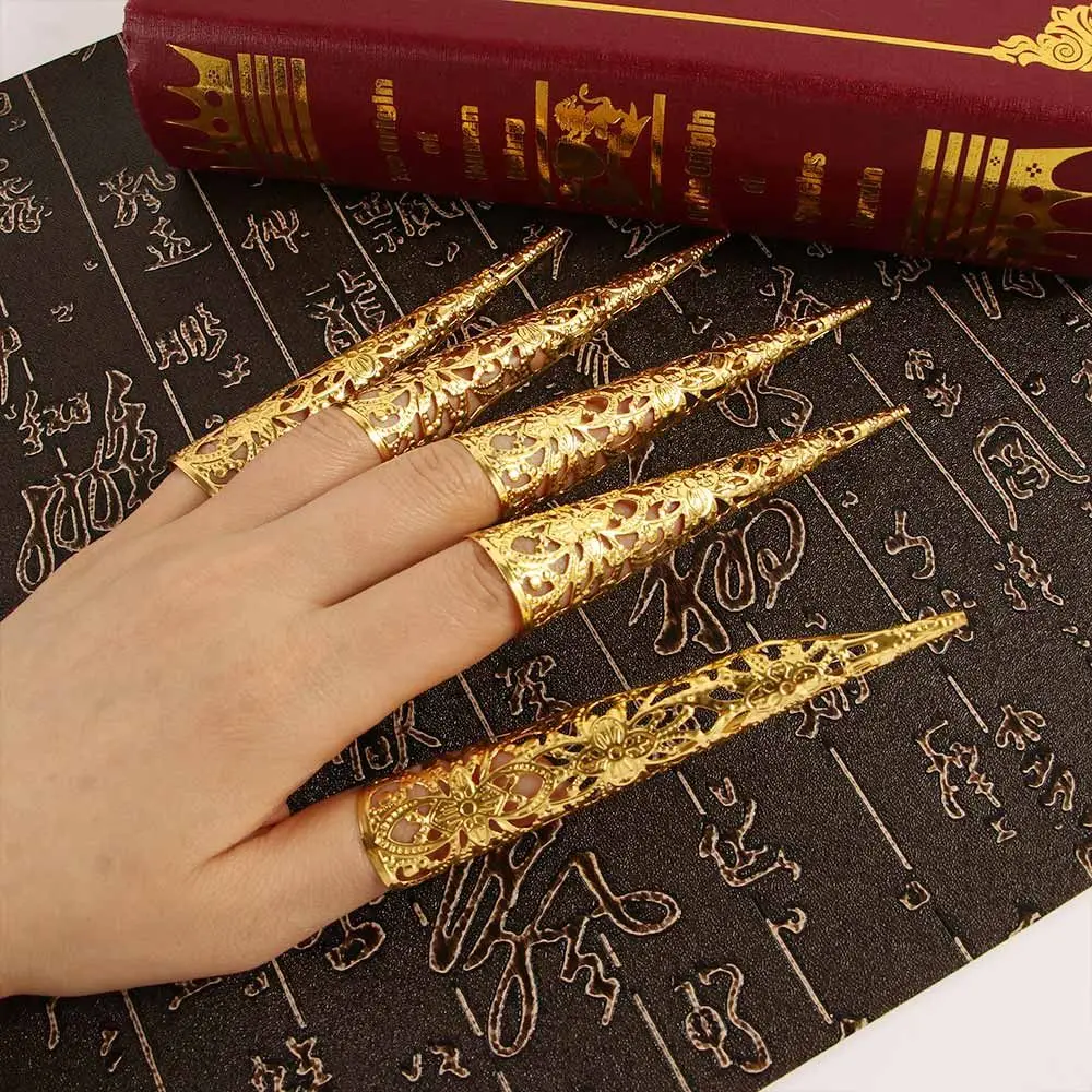 Fashion Jewelry Hollow Chinese Ancient Costume Nail Rings Set Finger Tip Protection Knuckle Rings Belly Dance Accessories