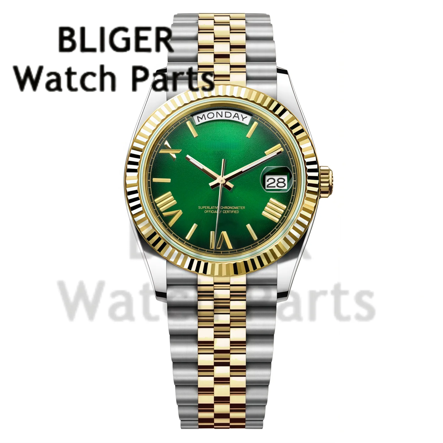 Men Custom Wristwatch 36mm 39mm Gold Silver Miyota 8285 Mechanical Men Watches Gradient Green Dial Date Week Calendar Jubilee