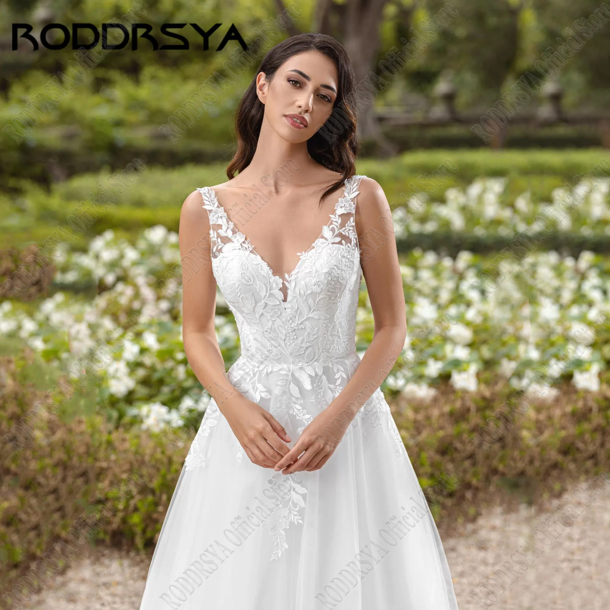 RODDRSYA abito da sposa civile senza schienale 2024 sposa scollo a v senza maniche in pizzo Applique Vestidos De Novia a-line Tulle Brial GownsRODRSYA Civil Backless Abito da sposa 2024 Bride V-Neck senza maniche in pi