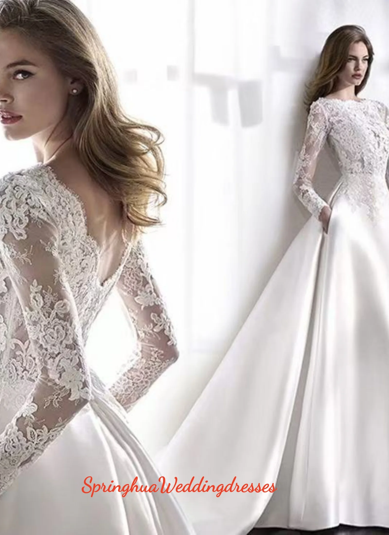 

Customized O-Neck Lace Tulle A-line Long Sleeve Wedding Dresses Appliques Satin Simple Bridal Gowns Vestidos De Novia