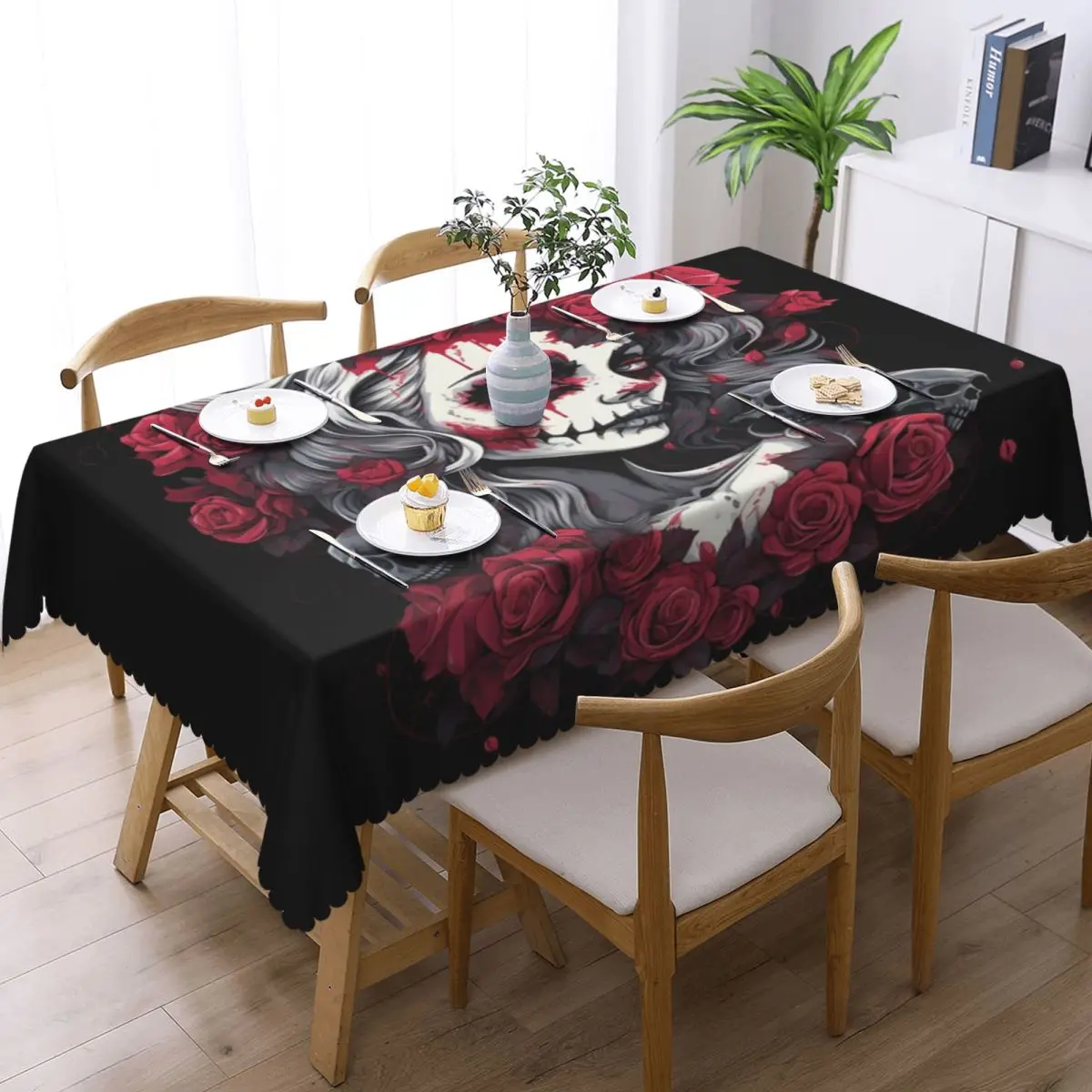Alexander Gothic Las Elegantes Girls Day Of Dead Skull Rectangular Tablecloth Oilproof Table Cover for Dining Events Table Cloth