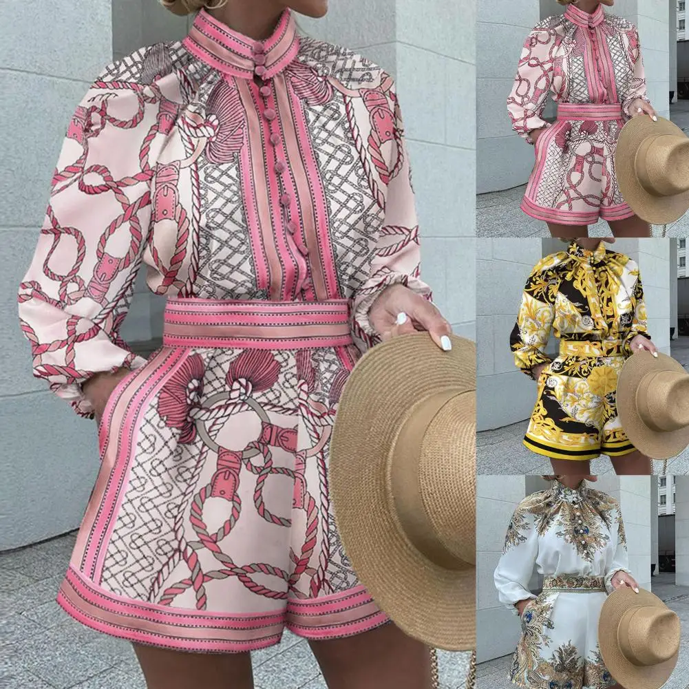 Conjunto de temperamento para mujer, traje elegante de oficina para mujer, pantalones cortos de camisa de cuello alto, cintura alta, botonadura