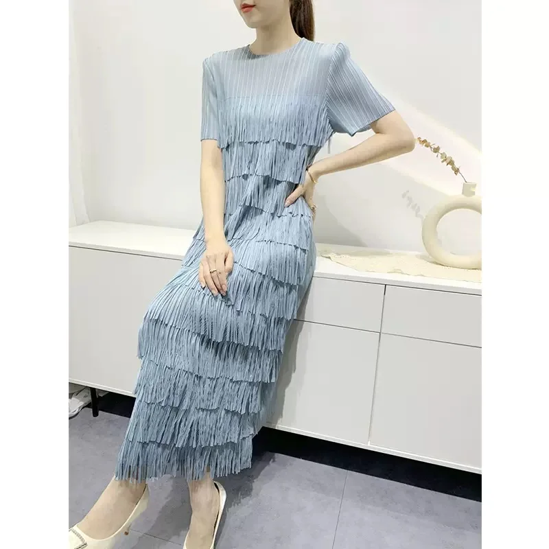 Miyake Style Pleated Dress Women 2023 Summer New High-End Solid Color Fashion Tassels Slim-Fit Figure Flattering Tiered Dress