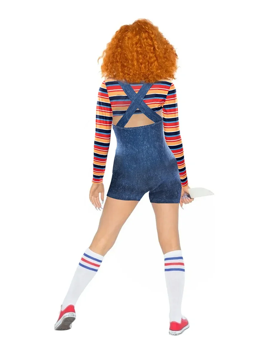 Women 2 Pcs Halloween Costumes Scary Nightmare Killer Doll Wanna Play Movie Character Bodysuit Chucky Doll Cosplay Costume Set