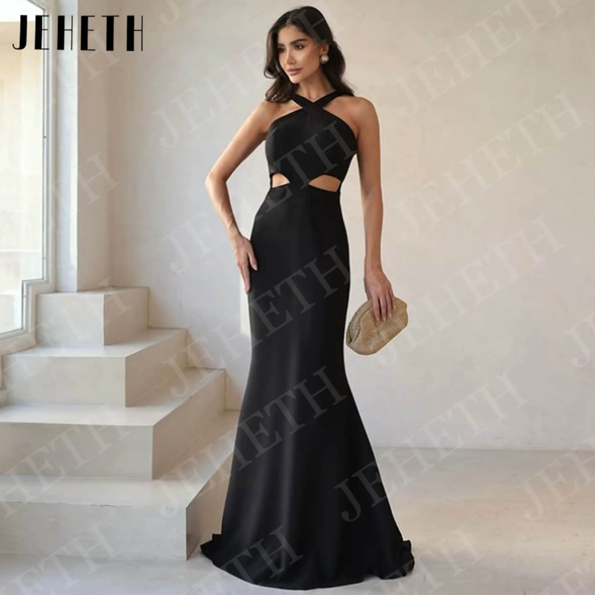 

JEHETH Black Mermaid Evening Dress Elegant Simple Halter Backless Formal Party Dresses Customized Floor Length robes de soirée