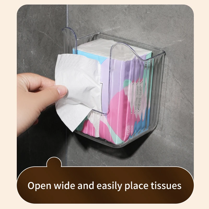 Plastic Wall Mounted Tissue Box Self-adhesive Punch Free Paper Towel Holder Upside Down Space-saving Napkin Container Bathroom