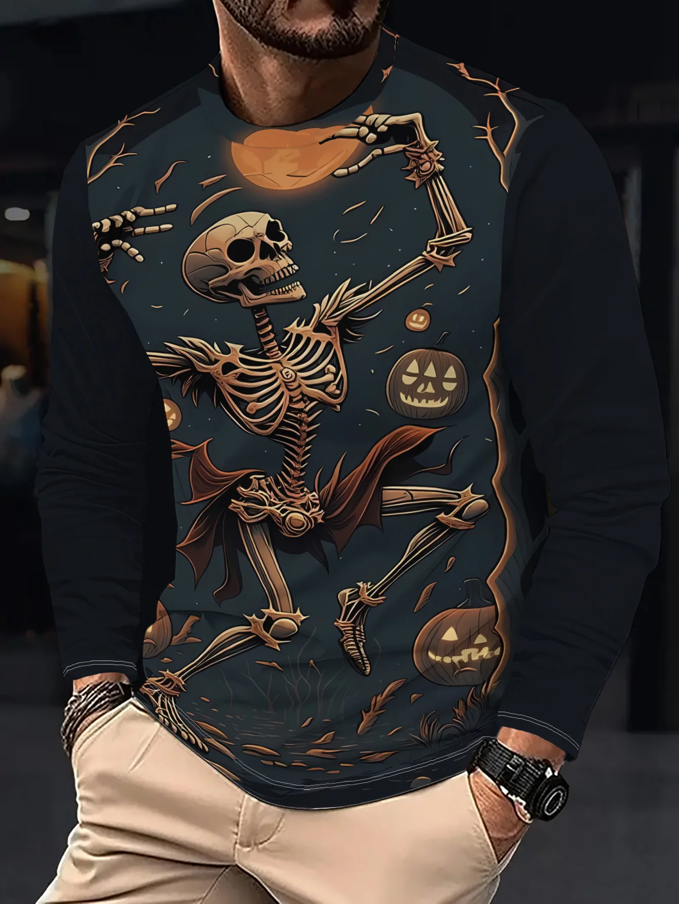Men's Long Sleeve T‑Shirt Dancing Skeleton Pumpkin Moon Print Crew Neck Gothic Halloween Casual Streetwear Top
