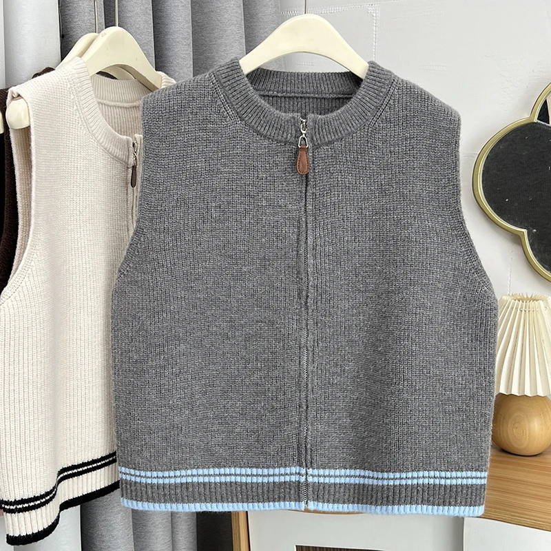 

Faionable Autumn Winter Zipper Knitted Vest Women's Casual Loose Outerwear Sweater oulder Pad Color ort Sle